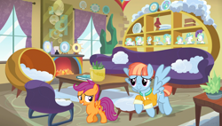 Size: 1918x1088 | Tagged: artist needed, safe, edit, edited screencap, screencap, scootaloo, windy whistles, pegasus, pony, g4, adopted, adopted offspring, dialogue in the description, duo, female, filly, foal, heartwarming, living room, mare, mother and child, mother and daughter, parent:windy whistles, scootadoption, scootalove, smiling, story included