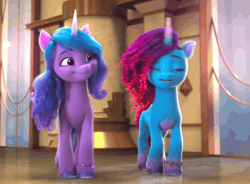 Size: 1410x1040 | Tagged: safe, screencap, izzy moonbow, misty brightdawn, pony, unicorn, cutie blossom bash, g5, my little pony: make your mark, my little pony: make your mark chapter 5, spoiler:g5, spoiler:my little pony: make your mark, spoiler:my little pony: make your mark chapter 5, spoiler:mymc05e01, animated, duo, duo female, duo focus, female, gif, leaning, mare, raised hoof, rebirth misty, singing