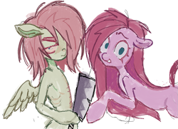 Size: 959x694 | Tagged: safe, artist:dddddaxie998839, fluttershy, pinkie pie, earth pony, pegasus, semi-anthro, g4, arm hooves, bipedal, butcher knife, butchershy, duo, floppy ears, human shoulders, looking at you, physique difference, pinkamena diane pie, ribs, round belly, simple background, skinny, thin, white background