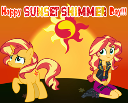 Size: 2340x1889 | Tagged: safe, artist:shieldwingarmorofgod, sunset shimmer, human, pony, unicorn, equestria girls, g4, boots, clothes, female, geode of empathy, kneeling, magical geodes, shoes, smiling, sunset shimmer day