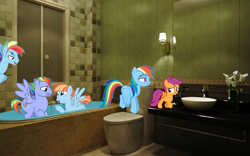 Size: 1201x748 | Tagged: safe, artist:kayman13, bow hothoof, rainbow dash, scootaloo, windy whistles, pegasus, pony, g4, bathroom, bathtub, family, female, male, rainbow blitz, rule 63, siblings, sisters, stallion