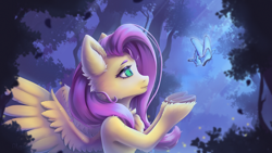Size: 3840x2160 | Tagged: safe, artist:dlexsie, fluttershy, butterfly, pegasus, pony, g4, 4k, beautiful, chest fluff, crepuscular rays, digital art, feather, female, flying, forest, green eyes, high res, human shoulders, lidded eyes, mare, moonlight, night, outdoors, partially open wings, pink mane, smiling, solo, tree, underhoof, unshorn fetlocks, wallpaper, wings