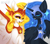 Size: 2015x1778 | Tagged: safe, artist:weon344, daybreaker, nightmare moon, alicorn, pony, g4, armor, big ears, blue eyes, digital art, duo, duo female, ear fluff, ethereal mane, eyeshadow, fangs, female, flowing mane, gem, helmet, horn, lidded eyes, looking down, makeup, mare, open mouth, peytral, sharp teeth, siblings, signature, sisters, smiling, sparkles, spread wings, starry mane, stars, teeth, watermark, wing armor, wings, yellow eyes