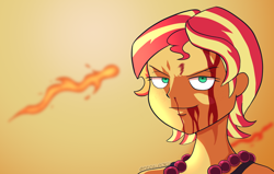 Size: 1280x816 | Tagged: safe, artist:feralroku, sunset shimmer, human, equestria girls, g4, alternate hairstyle, blood, crossover, female, fiery shimmer, fire, freckles, jewelry, necklace, nosebleed, one piece, portgas d. ace, short hair, smiling, solo, sunset shimmer day