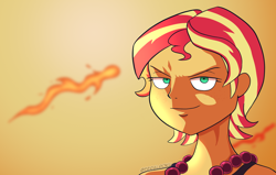 Size: 1280x816 | Tagged: safe, alternate version, artist:feralroku, sunset shimmer, human, equestria girls, g4, alternate hairstyle, crossover, female, fiery shimmer, fire, freckles, jewelry, necklace, one piece, portgas d. ace, short hair, smiling, solo, sunset shimmer day