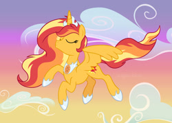 Size: 1024x733 | Tagged: safe, artist:sugar-loop, sunset shimmer, alicorn, pony, g4, alicornified, cloud, crown, female, flying, jewelry, race swap, regalia, shimmercorn, solo, sunset, sunset shimmer day