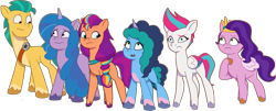 Size: 1816x736 | Tagged: safe, edit, edited screencap, editor:pascalmulokozi2, screencap, hitch trailblazer, izzy moonbow, misty brightdawn, pipp petals, sunny starscout, zipp storm, earth pony, pegasus, pony, unicorn, as the misty clears, g5, my little pony: tell your tale, spoiler:g5, spoiler:my little pony: tell your tale, spoiler:tyts01e53, background removed, coat markings, female, group, male, mane six (g5), mane stripe sunny, mare, not a vector, simple background, socks (coat markings), stallion, transparent background, wavy mouth