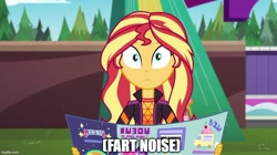 Size: 888x499 | Tagged: safe, sunset shimmer, human, equestria girls, equestria girls specials, g4, my little pony equestria girls: better together, my little pony equestria girls: sunset's backstage pass, caption, fart, fart noise, female, image macro, onomatopoeia, solo, sound effects, text