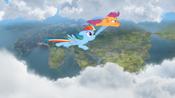 Size: 1920x1078 | Tagged: artist needed, safe, rainbow dash, scootaloo, pegasus, pony, g4, female, flying, island of sodor, scootalove, siblings, sisters, thomas and friends, thomas the tank engine