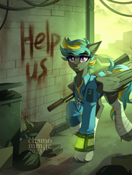 Size: 3000x4000 | Tagged: safe, artist:chamommile, oc, oc only, oc:tornado turbulence, original species, pegasus, pony, fallout equestria, ammunition, armor, bandage, bandaged leg, blood, clothes, colored wings, commission, fallout, full body, grey skin, gun, jewelry, looking up, male, pegasus oc, ponytail, purple eyes, rifle, solo, two toned mane, two toned wings, uniform, weapon, wings, ych result