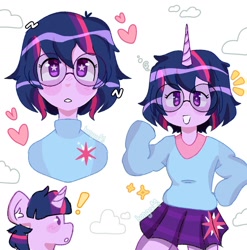Size: 1272x1286 | Tagged: safe, artist:matsudaet, twilight sparkle, human, pony, g4, alternate hairstyle, clothes, cute, exclamation point, female, glasses, grin, heart, horn, horned humanization, humanized, mare, pony coloring, simple background, skirt, smiling, solo, starry eyes, sweater, twiabetes, white background, wingding eyes