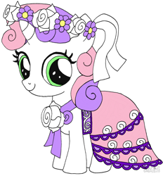 Size: 1020x1100 | Tagged: safe, artist:playtimerogerhargreavesandbonniezacherlefan68, sweetie belle, pony, unicorn, a canterlot wedding, g4, season 2, bridesmaid dress, clothes, colored, coloring page, cute, diasweetes, dress, female, filly, floral head wreath, flower, flower filly, flower girl, flower girl dress, foal, simple background, solo, white background