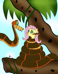 Size: 1024x1308 | Tagged: safe, artist:lol20, fluttershy, pegasus, pony, snake, g4, blushing, coils, crossover, female, hypno eyes, hypnoshy, hypnosis, hypnotized, kaa, kaa eyes, male, mare, smiling, the jungle book, tree, wrapped snugly, wrapped up