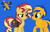 Size: 900x568 | Tagged: safe, artist:ry-bluepony1, sunset shimmer, oc, oc:flare spark, pegasus, pony, g4, bag, blue background, canon x oc, female, female oc, lesbian, mare, mare oc, pegasus oc, pony oc, saddle bag, ship:flareset, shipping, simple background, smiling, yellow coat