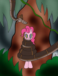 Size: 1024x1331 | Tagged: safe, artist:lol20, pinkie pie, earth pony, pony, snake, g4, coils, crossover, female, hypno eyes, hypno pie, hypnosis, hypnotized, imminent vore, kaa, kaa eyes, male, mare, pinkie prey, smiling, the jungle book, tree, wrapped snugly, wrapped up