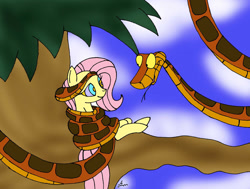 Size: 900x681 | Tagged: safe, artist:lol20, fluttershy, pegasus, pony, snake, g4, coils, crossover, female, hypno eyes, hypnoshy, hypnosis, hypnotized, kaa, kaa eyes, male, mare, smiling, the jungle book, tree, wrapped up