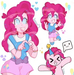 Size: 1272x1286 | Tagged: safe, artist:matsudaet, pinkie pie, earth pony, human, pony, :3, alternate hairstyle, apron, boots, clothes, cute, diapinkes, female, grin, human ponidox, mare, open mouth, pony coloring, self paradox, self ponidox, shirt, shoes, simple background, skirt, smiling, solo, t-shirt, white background, xd