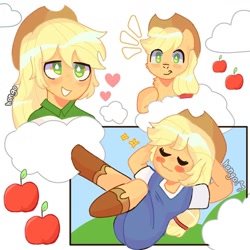 Size: 1080x1080 | Tagged: safe, artist:matsudaet, applejack, earth pony, human, pony, apple, applejack's hat, boots, clothes, cloud, cowboy boots, cowboy hat, cute, eyes closed, female, food, grin, hat, heart, human ponidox, jackabetes, mare, overalls, pony coloring, self paradox, self ponidox, shoes, simple background, smiling, solo, white background