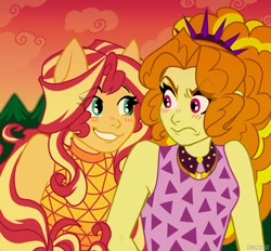 Size: 762x707 | Tagged: safe, artist:drizzledazzle, derpibooru exclusive, adagio dazzle, sunset shimmer, human, pony, equestria girls, g4, bare shoulders, blushing, cute, female, grin, lesbian, ship:sunsagio, shipping, sleeveless, smiling, tsundere