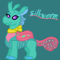 Size: 1000x1000 | Tagged: safe, artist:mintwhistle, oc, oc only, oc:silkworm, changedling, changeling, changedling oc, changeling oc, clothes, colored hooves, female, horn, medibang paint, purple eyes, scarf, simple background, smiling, solo, standing, teal background