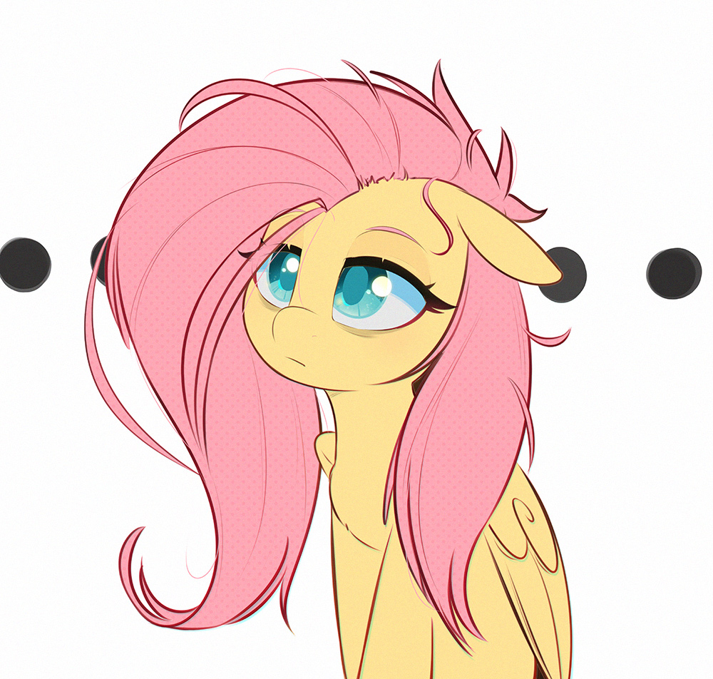 [female,floppy ears,fluttershy,frown,mare,messy mane,pegasus,pony,safe,simple background,solo,unamused,white background,fluttershy is not amused,...,:c,lidded eyes,colored pupils,artist:inkypuso]