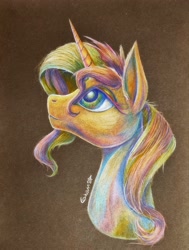 Size: 2275x3016 | Tagged: safe, artist:cahandariella, sunset shimmer, pony, unicorn, g4, bust, colored pencil drawing, high res, pastel, portrait, rainbow, solo, traditional art