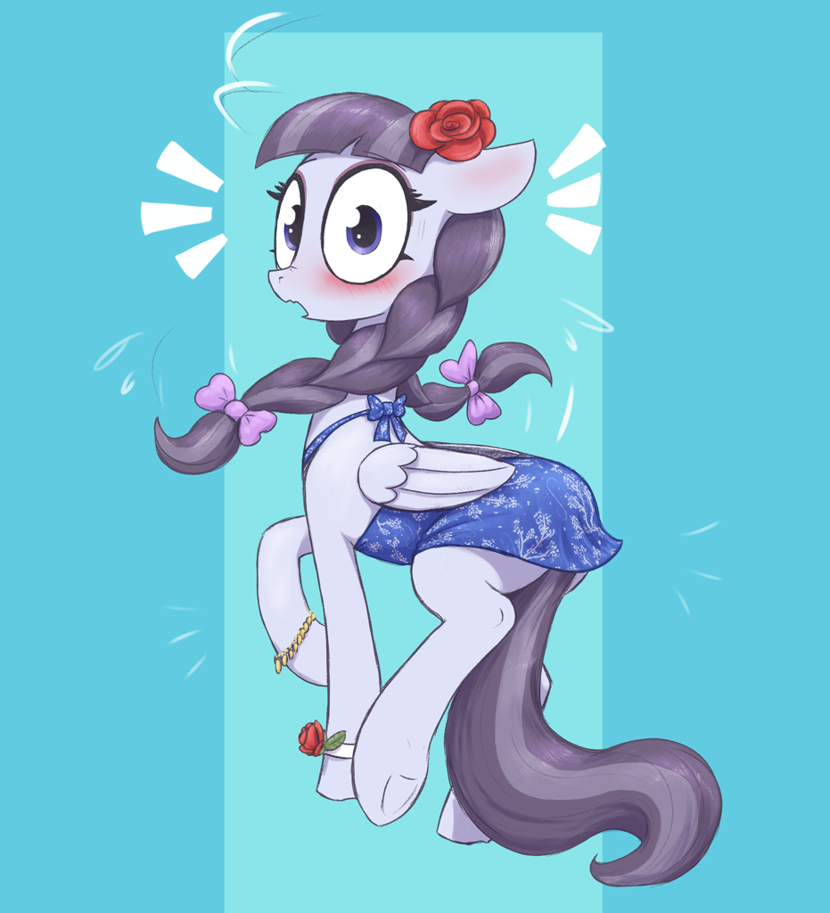 [blushing,bow,bracelet,clothes,cute,dress,embarrassed,female,flower,flower in hair,hair bow,jewelry,looking at you,looking back,mare,pegasus,pony,raised hoof,safe,simple background,skirt,solo,surprised,looking back at you,emanata,artist:t72b,alternate clothes,inky rose]