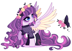 Size: 2589x1859 | Tagged: safe, artist:gihhbloonde, oc, oc only, unnamed oc, pegasus, pony, braid, clothes, colored wings, colored wingtips, cyan eyes, eyeshadow, female, fishnet clothing, floral head wreath, flower, gradient mane, gradient tail, grin, lightly watermarked, long mane, long tail, looking up, magical lesbian spawn, makeup, mare, multicolored wings, offspring, parent:fluttershy, parent:inky rose, parents:inkyshy, pegasus oc, raised hoof, simple background, smiling, socks, solo, sparkly eyeshadow, spread wings, standing, stockings, tail, thigh highs, transparent background, turned head, watermark, wings
