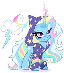 Size: 1964x2239 | Tagged: safe, artist:gihhbloonde, oc, oc only, unnamed oc, pony, unicorn, closed mouth, clothes, eyeshadow, female, hoodie, horn, long horn, looking up, magic, magic aura, magical lesbian spawn, makeup, mare, offspring, parent:rainbow dash, parent:trixie, parents:trixdash, pink eyes, rainbow magic aura, simple background, smiling, solo, standing, transparent background, unicorn oc