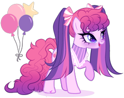Size: 1456x1155 | Tagged: safe, artist:gihhbloonde, oc, oc only, unnamed oc, earth pony, pony, bow, collar, earth pony oc, eyeshadow, female, gradient mane, gradient tail, hair bow, lightly watermarked, magical lesbian spawn, makeup, mare, offspring, open mouth, parent:pinkie pie, parent:twilight sparkle, parents:twinkie, pigtails, purple eyes, raised hoof, simple background, smiling, solo, standing, tail, transparent background, watermark