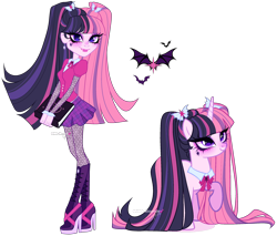 Size: 4272x3636 | Tagged: safe, artist:gihhbloonde, oc, oc only, unnamed oc, human, pony, unicorn, equestria girls, g4, book, bowtie, cardigan, closed mouth, clothes, collar, crossover, crossover fusion, draculaura, ear piercing, earring, eyeshadow, fangs, fusion, fusion:draculaura, fusion:twilight sparkle, high heels, horn, jewelry, lightly watermarked, lipstick, long hair, long mane, long tail, looking at you, looking up, makeup, monster high, piercing, pigtails, pleated skirt, purple eyes, raised hoof, shoes, simple background, skirt, smiling, standing, tail, transparent background, unicorn oc, watermark