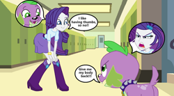 Size: 828x457 | Tagged: safe, artist:thewalrusclown, rarity, spike, spike the regular dog, dog, human, equestria girls, g4, angry, belt, blouse, body swap, boots, bracelet, butt, canterlot high, clothes, female, female to male, hair, hairpin, happy, high heel boots, jewelry, leaning, leaning forward, looking at each other, looking at someone, makeup, male, male to female, plot, puppy, rule 63, shirt, skirt, smiling, species swap, teenager, teeth, upset, yelling