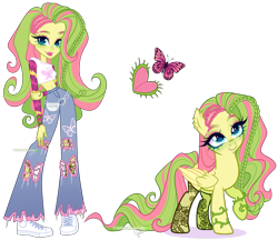Size: 3695x3192 | Tagged: safe, artist:gihhbloonde, oc, oc only, unnamed oc, human, pegasus, pony, equestria girls, g4, bell-bottom jeans, belt, braid, closed mouth, clothes, colored wings, colored wingtips, converse, crossover, crossover fusion, cyan eyes, denim, ear fluff, eyeshadow, fanny pack, female, fishnet pantyhose, folded wings, fusion, fusion:fluttershy, fusion:venus mcflytrap, high res, holding arm, jeans, lightly watermarked, lipstick, makeup, mare, monster high, pants, pegasus oc, raised hoof, ripped pants, shoes, short shirt, simple background, smiling, sneakers, solo, standing, teeth, torn clothes, transparent background, venus mcflytrap, vine, watermark, wings