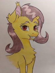 Size: 3134x4179 | Tagged: safe, artist:chacarron, fluttershy, bat pony, g4, bat ponified, bust, chest fluff, drool, flutterbat, looking at you, photo, race swap, red eyes, simple background, smiling, solo, traditional art, white background