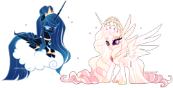 Size: 3481x1764 | Tagged: safe, artist:gihhbloonde, oc, oc only, unnamed oc, alicorn, pony, alicorn oc, anklet, blue eyes, bracelet, closed mouth, cloud, colored eyelashes, colored wings, colored wingtips, crown, duo, eyeshadow, female, folded wings, gradient mane, gradient tail, hair bun, hoof shoes, horn, jewelry, lidded eyes, lightly watermarked, long hair, long horn, long mane, long tail, lying down, lying on a cloud, makeup, mare, necklace, on a cloud, peytral, pink eyes, princess shoes, prone, regalia, siblings, sisters, smiling, spread wings, standing, tail, tiara, watermark, wings