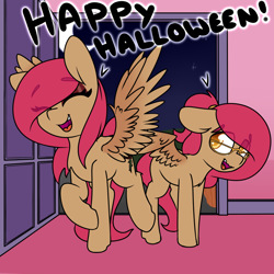 Size: 1280x1280 | Tagged: safe, artist:lockheart, oc, oc only, pegasus, pony, duo, eye clipping through hair, eyebrows, eyebrows visible through hair, female, glasses, happy halloween, mare, spread wings, wings