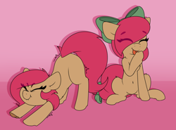 Size: 1280x948 | Tagged: safe, artist:lockheart, oc, oc:cherry sweetheart, oc:stella cherry, earth pony, pony, ass up, behaving like a cat, belly button, bow, eye clipping through hair, eyes closed, female, hair bow, licking, mare, siblings, sisters, solo, stretching, tongue out