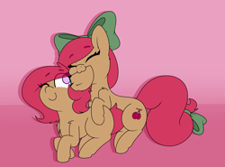 Size: 1280x948 | Tagged: safe, artist:lockheart, oc, oc only, oc:cherry sweetheart, oc:stella cherry, earth pony, pony, biting, bow, cute, duo, ear bite, eyes closed, female, hair bow, mare, one eye closed, siblings, sisters, smiling