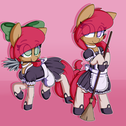 Size: 2500x2500 | Tagged: safe, artist:lockheart, oc, oc only, oc:cherry sweetheart, oc:stella cherry, earth pony, pony, bipedal, bow, broom, clothes, duo, duster, eye clipping through hair, eyebrows, eyebrows visible through hair, female, hair bow, hoof hold, maid, mare, mouth hold, siblings, sisters, stockings, thigh highs