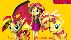 Size: 3840x2160 | Tagged: safe, artist:optimussparkle, sunset shimmer, human, pony, unicorn, equestria girls, equestria girls series, 3d, human ponidox, self paradox, self ponidox, source filmmaker, sunset shimmer day, triality, wings
