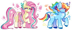 Size: 1826x761 | Tagged: safe, artist:xerndrawz, fluttershy, rainbow dash, pegasus, pony, g4, chest fluff, coat markings, colored wings, duo, female, mare, multicolored wings, rainbow wings, simple background, socks (coat markings), spread wings, unshorn fetlocks, white background, wings