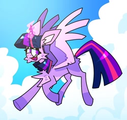 Size: 1044x984 | Tagged: safe, artist:vennever, twilight sparkle, alicorn, pony, g4, alternate design, chest fluff, coat markings, colored wings, eyebrows, eyebrows visible through hair, flying, glowing, glowing horn, heart tongue, horn, lidded eyes, open mouth, pale belly, sky background, socks (coat markings), solo, twilight sparkle (alicorn), two toned wings, wings