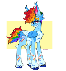 Size: 1807x1956 | Tagged: safe, artist:vennever, rainbow dash, pegasus, pony, g4, alternate hairstyle, cloven hooves, colored wings, ear tufts, gender headcanon, headcanon in the description, leg fluff, pale belly, redesign, solo, turned head, two toned wings, unshorn fetlocks, wings