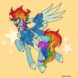 Size: 1500x1500 | Tagged: safe, artist:vennever, rainbow dash, pegasus, pony, g4, colored wings, messy mane, messy tail, open mouth, open smile, orange background, rainbow blitz, rule 63, simple background, smiling, solo, tail, two toned wings, wings