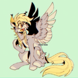 Size: 1500x1500 | Tagged: safe, artist:vennever, derpy hooves, pegasus, pony, g4, colored wings, green background, lidded eyes, open mouth, open smile, pale belly, simple background, sitting, smiling, solo, two toned wings, wings