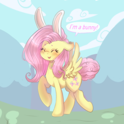 Size: 2048x2048 | Tagged: safe, artist:mojmojsanna, fluttershy, pegasus, pony, g4, blushing, bunny ears, bunnyshy, cute, daaaaaaaaaaaw, dialogue, ear blush, eyes closed, female, floppy ears, fluffy tail, high res, mare, open mouth, open smile, shyabetes, smiling, solo, speech bubble, spread wings, tail, tail bun, wings