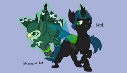 Size: 2052x1188 | Tagged: safe, artist:capital-asterisk, oc, oc only, changeling, changeling queen, griffon, beak, bondage, captured, cat tail, changeling queen oc, changeling slime, crossed hooves, dialogue, doodle, duo, ear tufts, fangs, feathered wings, female, green eyes, green fur, griffon oc, levitation, looking away, magic, open mouth, partially open wings, simple background, slit pupils, standing, tail, tail feathers, talons, telekinesis, wings