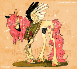 Size: 1200x1080 | Tagged: safe, artist:vennever, fluttershy, pegasus, pony, g4, ear piercing, gender headcanon, headcanon in the description, nose piercing, nose ring, piercing, redesign, shawl, skinny, solo, tattoo, thin, unshorn fetlocks