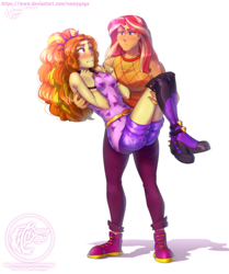 Size: 3766x4500 | Tagged: safe, artist:namyg, adagio dazzle, sunset shimmer, human, equestria girls, equestria girls series, g4, sunset's backstage pass!, spoiler:eqg series (season 2), ass, blushing, boots, bridal carry, butt, carrying, clothes, deviantart, deviantart logo, eyebrows, female, legs, lesbian, logo, looking down, looking up, pants, raised eyebrow, shadow, ship:sunsagio, shipping, shirt, shoes, shorts, simple background, sleeveless, thigh boots, unamused, watermark, white background, wrist cuffs