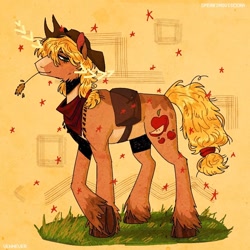 Size: 1080x1080 | Tagged: safe, artist:vennever, applejack, earth pony, pony, g4, alternate cutie mark, bag, crossed hooves, facial markings, hay stalk, messy mane, messy tail, neckerchief, pale belly, redesign, saddle bag, solo, tail